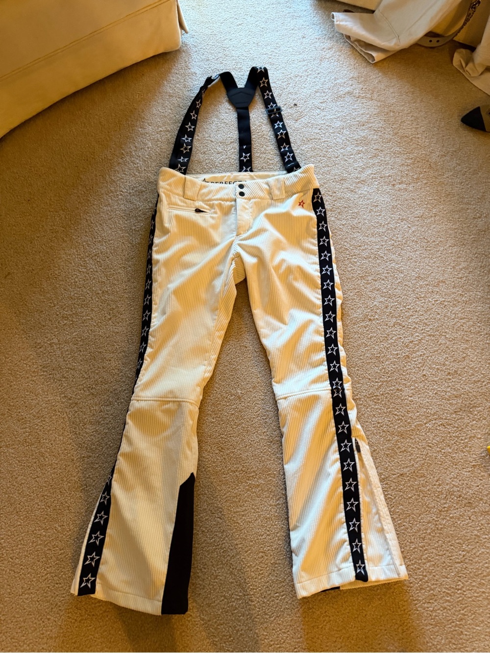 Womens White Star-Trim perfect moment Snow Pants with Suspenders